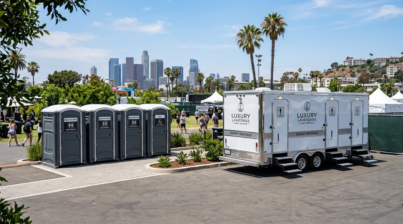 Gallinule Gump portable toilet units stationed on site in Los Angeles